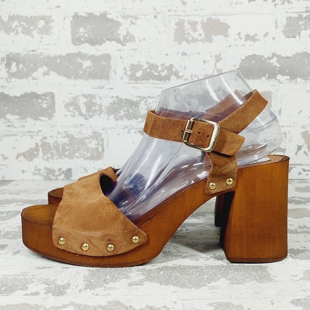 New Steve Madden Alabama Platform Suede Brown Strap Wooden Studded Sandals F600